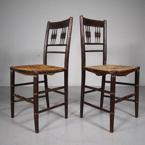 Pair Of Regency Antique Faux Bamboo Chairs In Original Paint