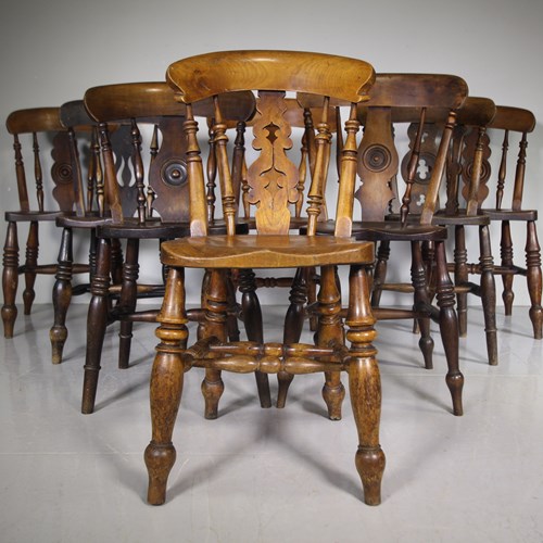 Set Of Eight 19Th Century Antique Windsor Kitchen Dining Chairs 