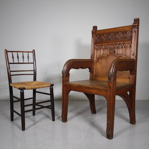 English 19Th Century Antique Gothic Oak Armchair 