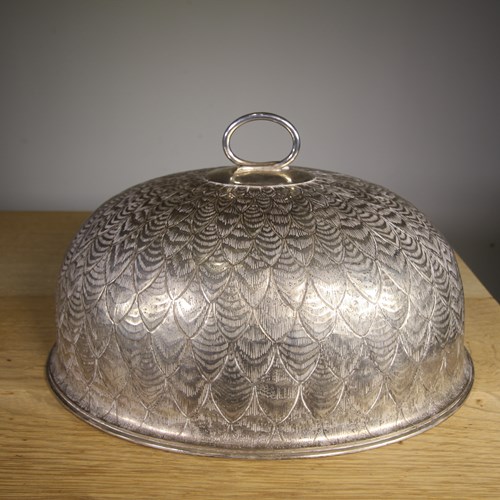 Large Antique Silver Plated Food Cover- Rare Feather Design By Mappin & Webb