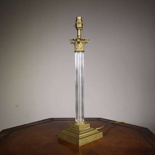 Beautiful Reeded Glass & Brass Antique Table Lamp 