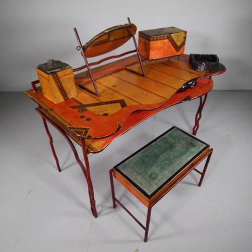 Fabulous 1980'S One Off Designed Quality Inlaid Table & Stool - Signed