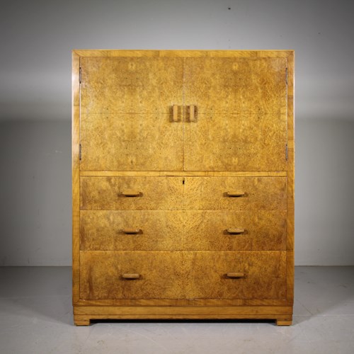 Heals Antique Burr Maple Tall Boy Cupboard