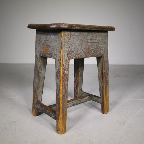 English 19Th Century Antique Elm Stool In Original Paint