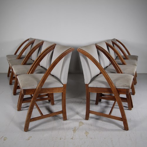 Rare Set Of Eight Heals 1930'S Oak Dining Chairs - Labelled