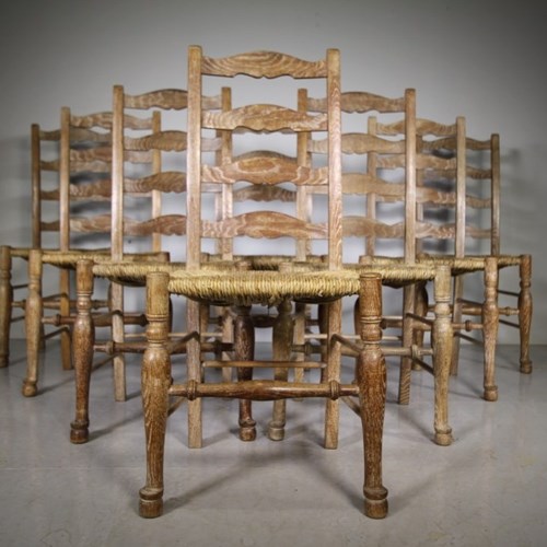 Set Of Eight Heals Of London Antique Oak Dining Chairs