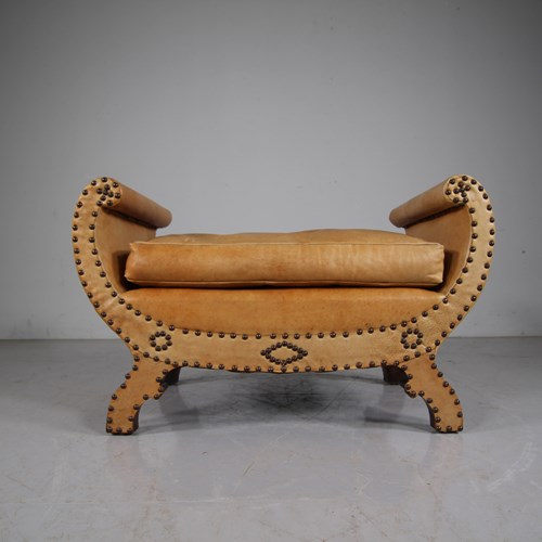 English Edwardian Antique Leather Upholstered Shaped Stool 