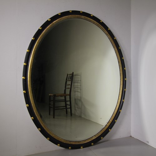 Beautiful Large English Antique Oval Mirror With Gilt Studs