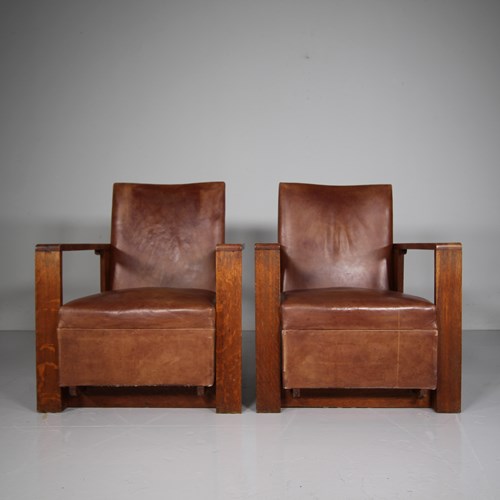 Rare Pair Of Gordon Russell 1930'S Oak & Leather Armchairs 