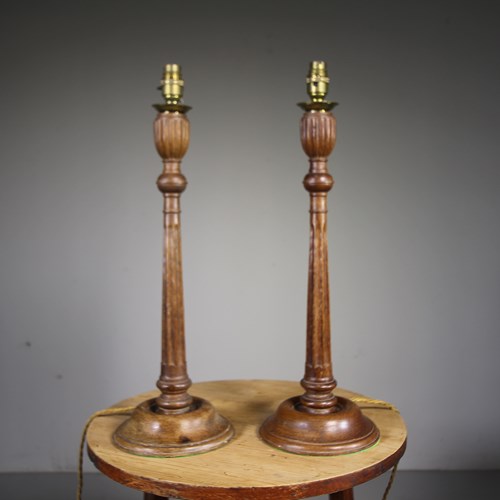 Pair Of English Edwardian Antique Oak Table Lamps- Rewired