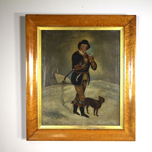 Large 19Th Century Antique Country Scene Oil Painting In Maple Frame 