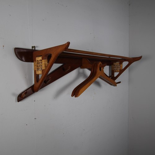 1950'S Danish Quality Teak Hall Shelf  With Coat Hangers
