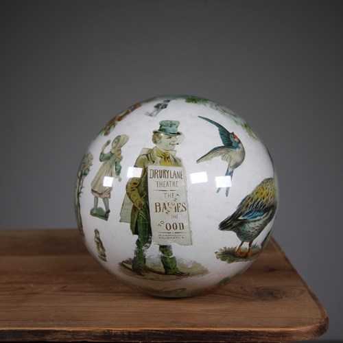 Rare Large English Antique Decalcomania Glass Ball 