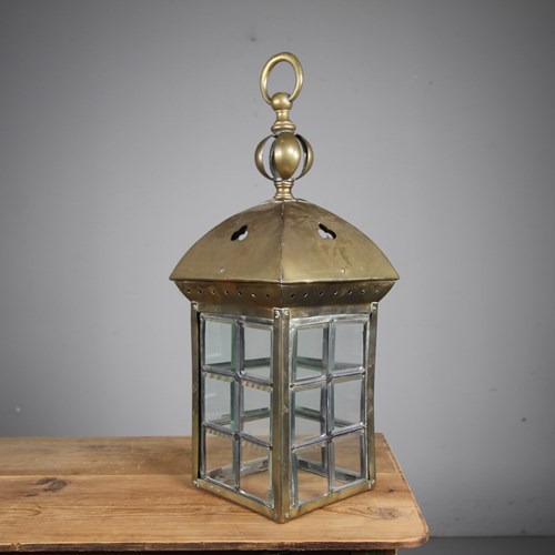English Edwardian Antique Brass & Glass Hall Lantern 