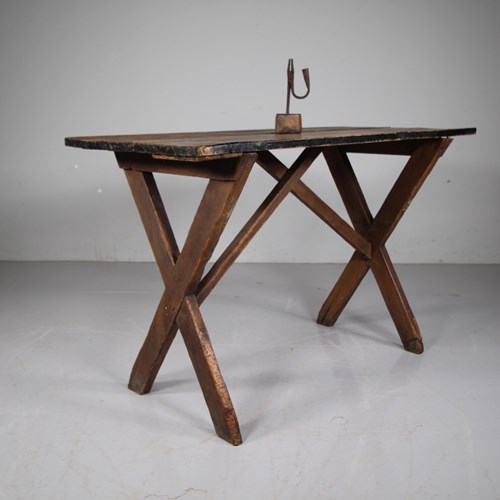 Original Painted Pine English Antique X Frame Tavern Table