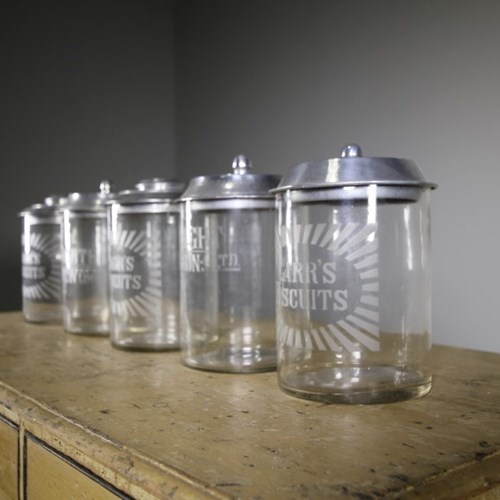 Collection Of Five Edwardian Antique Glass Advertising Biscuit Jars