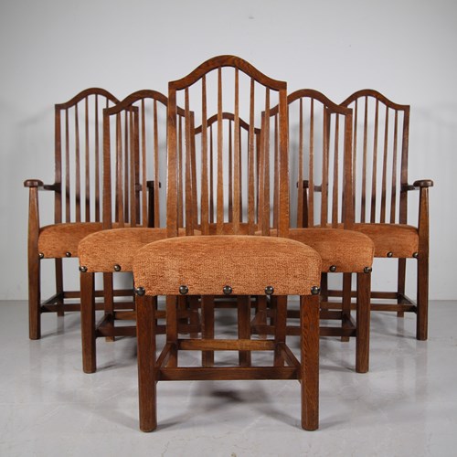 Set Of Six English Arts & Crafts Antique Oak Dining Chairs By Lethaby