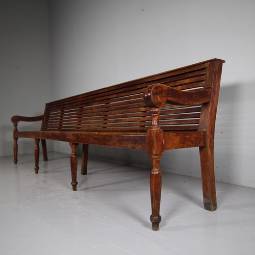 19Th Century Long Antique Walnut Waiting Room Slatted Bench 