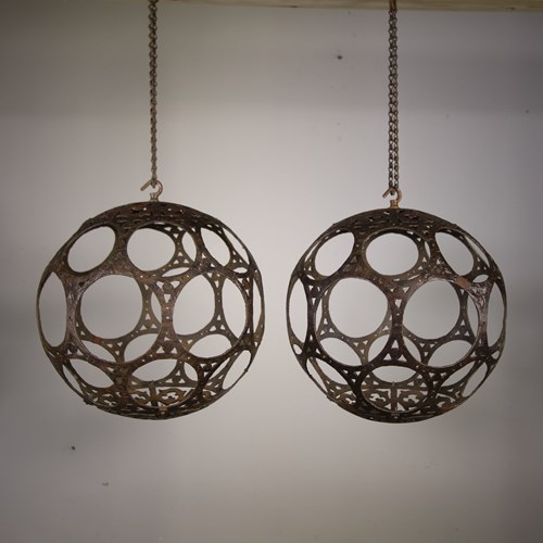 Rare Pair Of 19Th Century Antique Iron Globe Lanterns