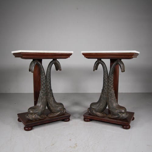 Amazing Regency Pair Of Antique Cast Iron Dolphin Side Tables 