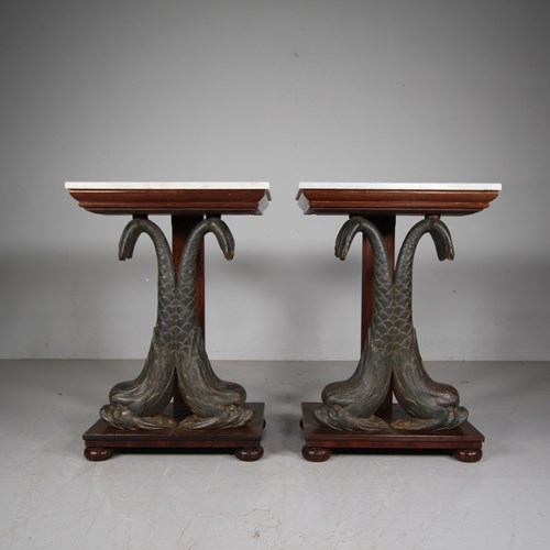 Amazing Regency Pair Of Antique Cast Iron Dolphin Side Tables 
