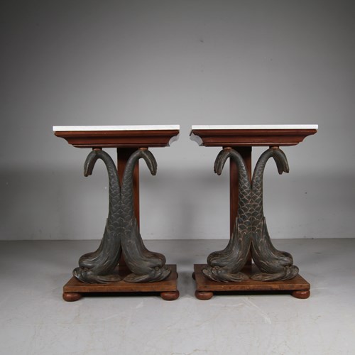 English 19Th Century Pair Of Antique Cast Iron Dolphin Side Tables