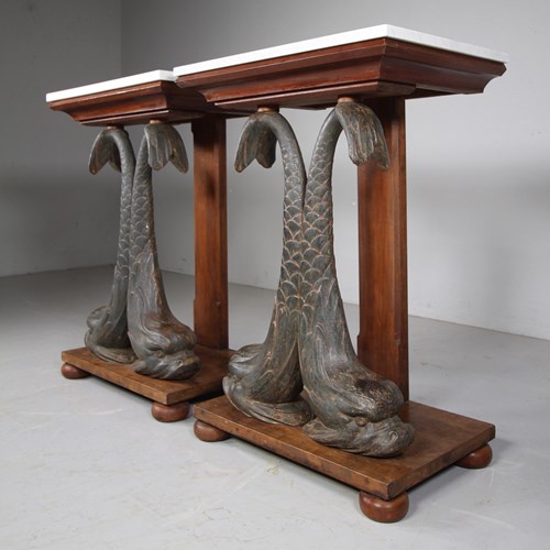 English Regency Pair Of Antique Cast Iron Dolphin Side Tables