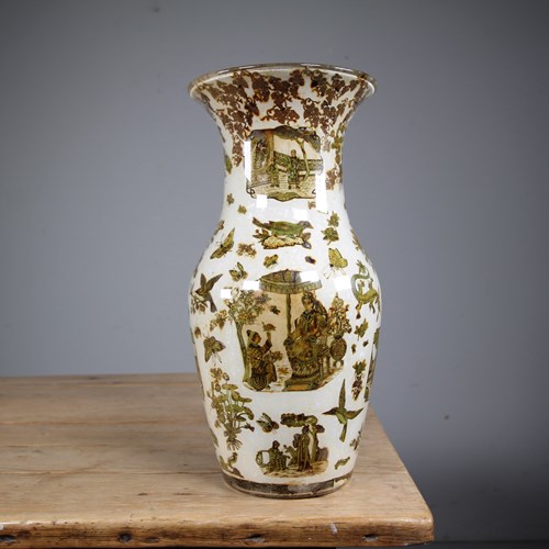 Large 19Th Century Antique English Decalcomania Glass Vase