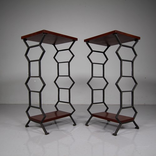 Pair Of Antique Iron & Mahogany Bedside Tables