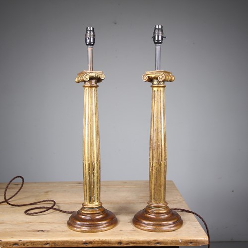 Tall Pair 19Th Century Antique Gilt Column Table Lamps