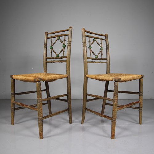 Regency English Pair Of Painted & Simulated Bamboo Antique Side Chairs
