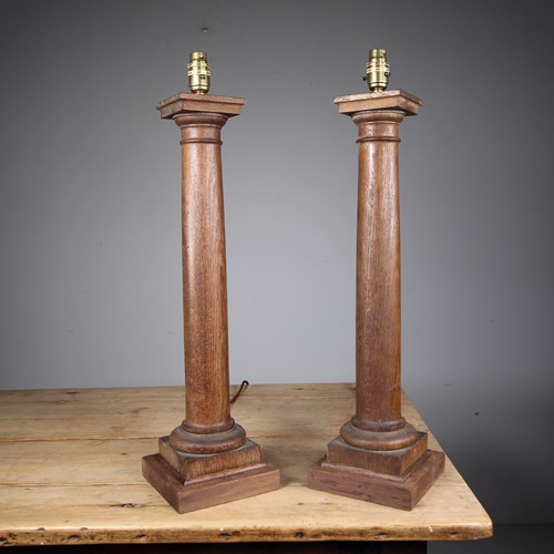 Tall Pair Of Edwardian Antique Oak Column Table Lamps  