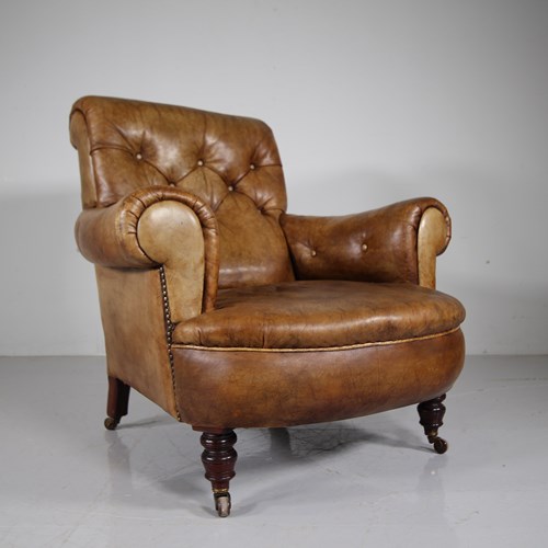 Large Scale English 19Th Century Antique Leather Armchair