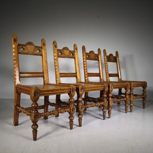 Set Of Four English  19Th Century Antique Pine Dining Chairs 