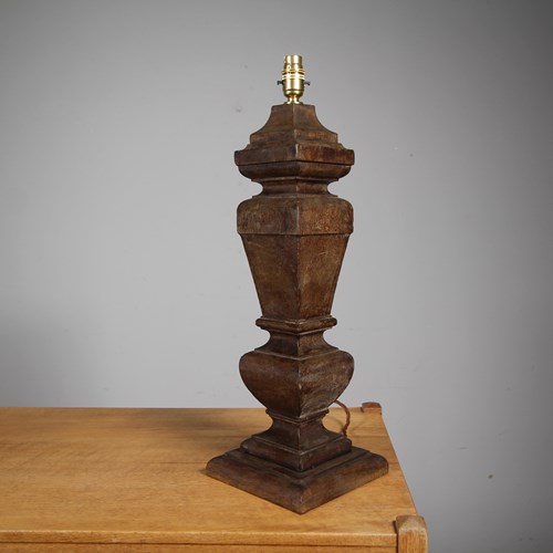Tall 19Th Century Antique Oak Column Table Lamp