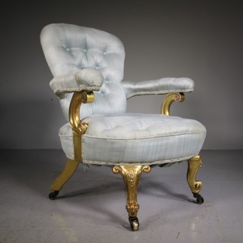 Superb Quality English Antique Upholstered Armchair-Original Gilt 