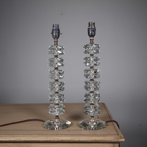 Pair Of Quality English 1920'S Cut Glass Table Lamps - Rewired 