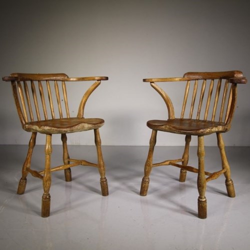 Rare Pair Of Original Low Back Georgian Antique Windsor Chairs 
