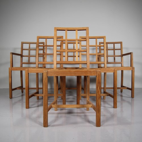 Set Of Six Heals Lattice Back 1920'S Oak Dining Chairs 