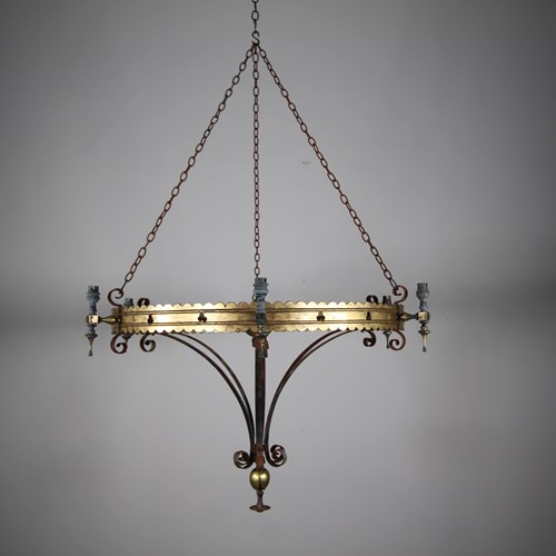 Large English 19Th Century Antique Gothic Brass Chandelier