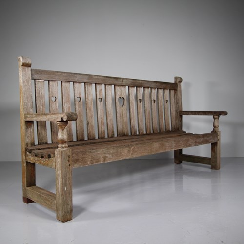 English Edwardian Antique Teak Heart Motif Garden Bench Seat