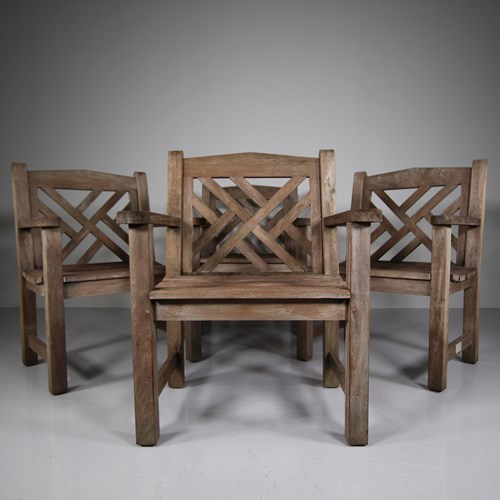 Set Of Four 1950'S Lister Teak Chinese Chippendale Garden Armchairs 