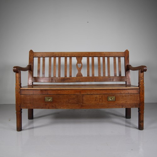 19Th Century Welsh Heart Antique Oak Hall Bench Seat 