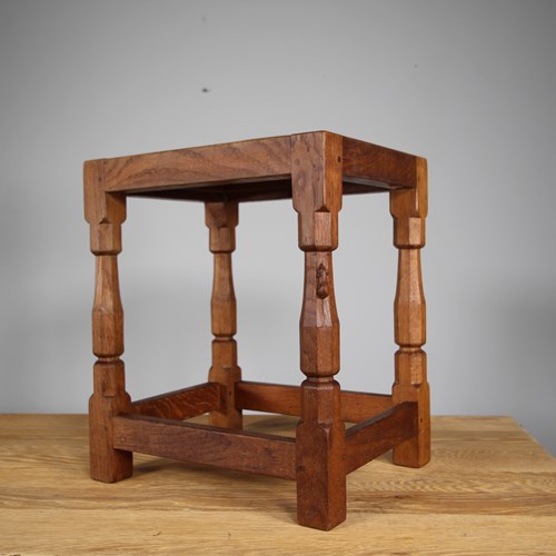 1940'S Mouseman Oak Stool - Leather Seat 