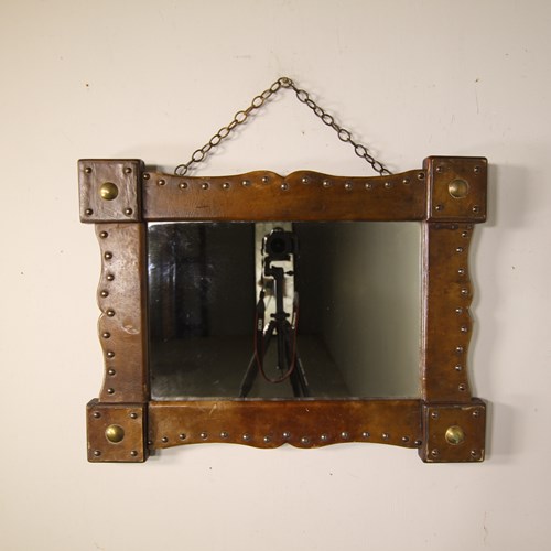 1930’S English Leather Covered Wall Mirror 