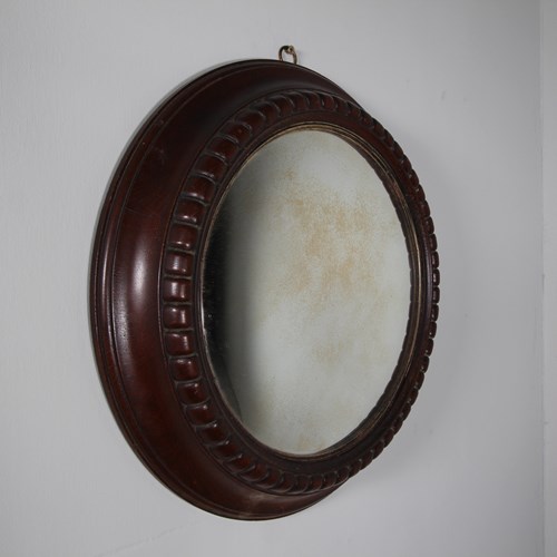 Edwardian Antique Oak Framed Convex Wall Mirror 