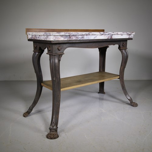 Shapely 19Th Century Antique Iron & Marble Table 