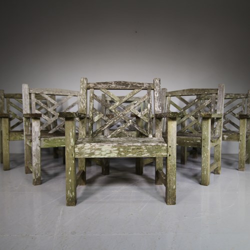 Set Of Six Charles Verey Lister Teak Garden Armchairs 