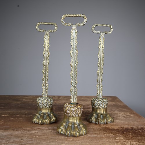 Three English 19Th Century Antique Brass Lion's Paw Door Stops 