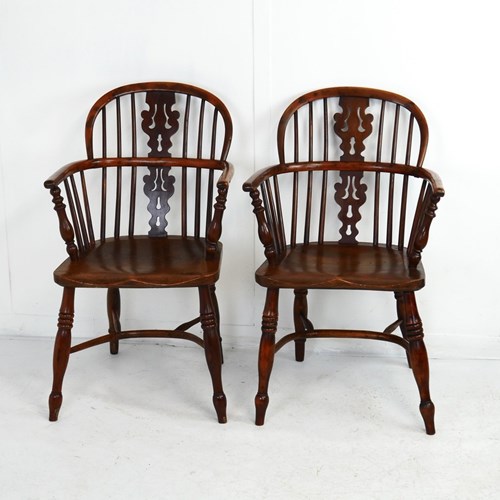 Pair Yew Wood Windsor Armchairs